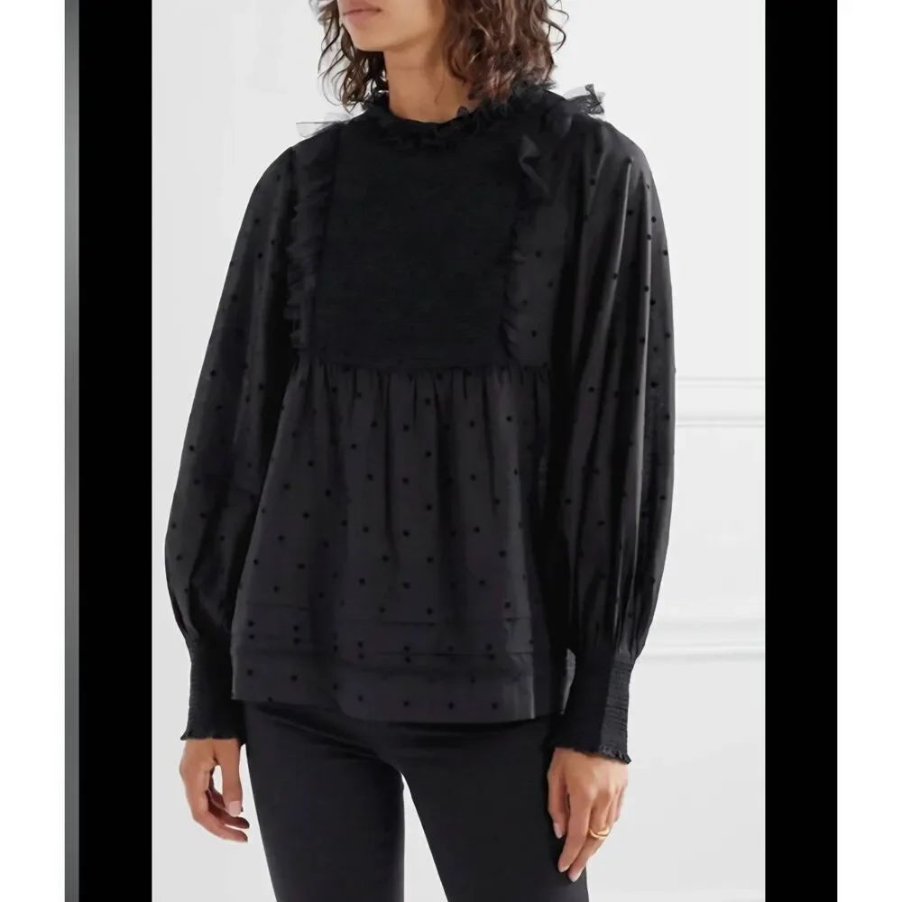 The Great PORTRAIT TULLE-TRIMMED FLOCKED COTTON-BLEND VOILE BLOUSE IN BLACK Sz 1